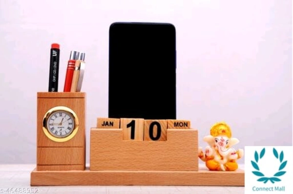 Graceful Wooden 5 In 1 Desk Organizer With Multi Holder - Pen Holders, Calender, Clock, Mobile Holder And Small Ganesh Idol  - Wooden, Ganesh Idol, 1 Piece